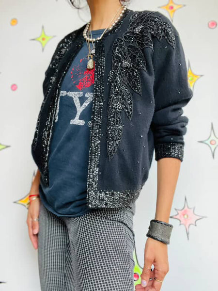 Vintage 1950s | Beaded Black Boho Grunge Whimsy Goth Wool Cardigan Sweater | S