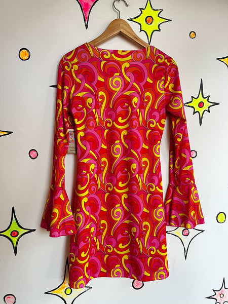 Retro 90s Does 60s/70s MOD GoGo Psychedelic Pink Paisley Mini Dress - S