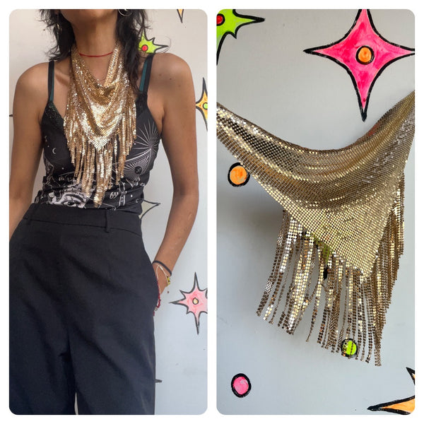 Y2K Gold Disco Rave Grunge Mesh Boho Chainmail Scarf Necklace Choker w Fringe