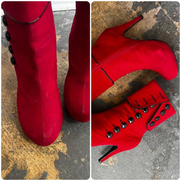 Velvet Red Ankle Boots - Pirate Vampire Goth Victorian Steampunk - Size 8.5