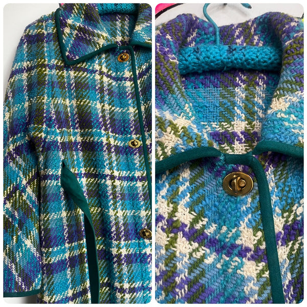 Vintage 1960s | Sills Bonnie Cashin Tartan Boucle Cape Leather Trim