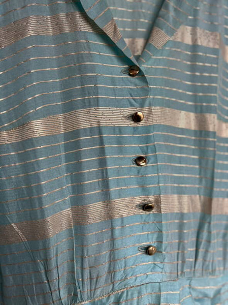 Vintage 1950s Blue & Gold Striped Fit & Flare Dress - Handmade 50s Party Dress