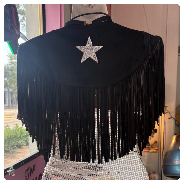 Retro Western Embellished Black Faux Suede Fringe Collar