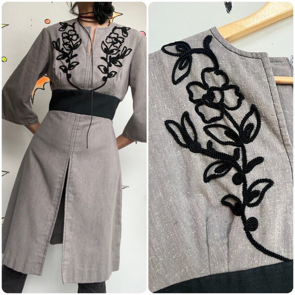 Miss K Alfred Shaheen Gray Black Victorian Inspired Embroidered Dress Small / 6