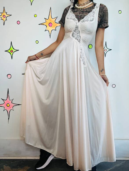 RARE Olga Gold Label 92170 Pink & Cream Hollywood Glam Lace Gown – S/M Vintage
