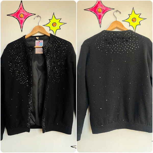 Vintage 1950s | Beaded Black Boho Grunge Whimsy Goth Wool Cardigan Sweater | M L