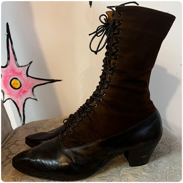 Antique Leather Victorian Boots | Brown & Black Pointy Lace Up Witchy Boots | 6