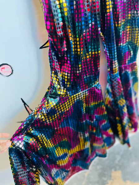 Unisex Rainbow Metallic Disco Big Collar Bellbottom Jumpsuit - Clown Costume - L
