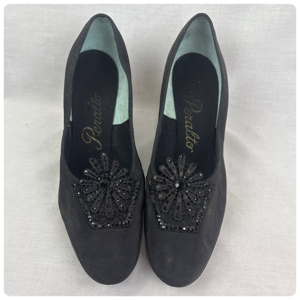 Vintage 1950s Black Glam Witchy Satin Rhinestone & Lace Embellished Heels - 8.5-9