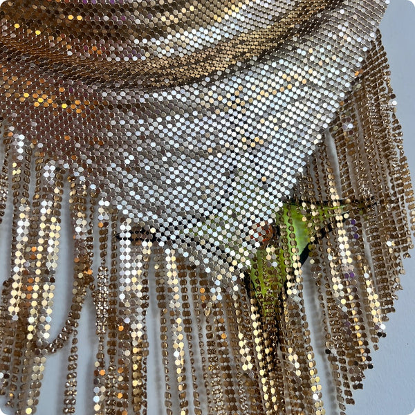 Y2K Gold Disco Rave Grunge Mesh Boho Chainmail Scarf Necklace Choker w Fringe