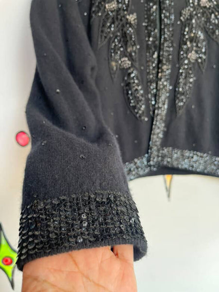 Vintage 1950s | Beaded Black Boho Grunge Whimsy Goth Wool Cardigan Sweater | S