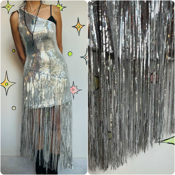 Silver Fringe Flapper Disco Cowgirl Dress - 1920s-Inspired Party Glam - Small