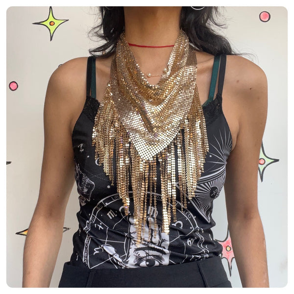 Y2K Gold Disco Rave Grunge Mesh Boho Chainmail Scarf Necklace Choker w Fringe