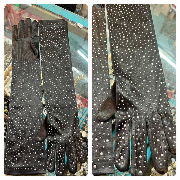 Retro Hollywood Costume | Black Showgirl Flapper Sparkle Rhinestone Satin Gloves
