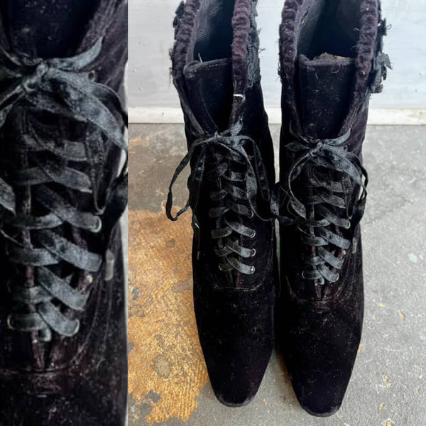 Natori Black Velvet Pointy Witchy Goth Lace Up Victorian Ankle Boots | size 8B