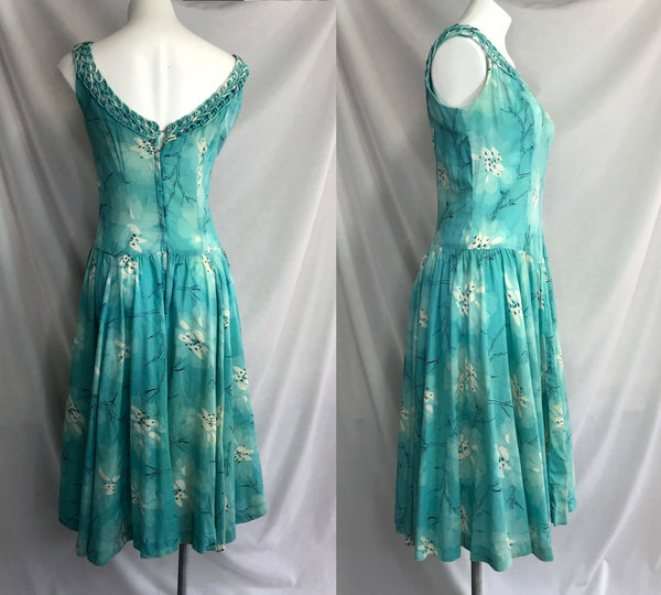 Vintage 1950s | Blue Swing Full Skirted Skirt Pin Up Cotton Party Dress | S-M