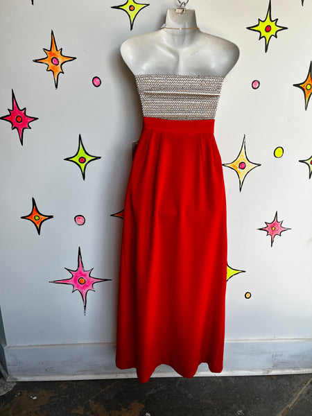 Vintage 1970s | Bright Red Groovy Disco Maxi Long Faux Wrap Skirt | XS S