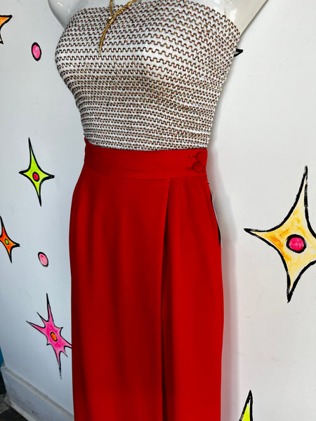 Vintage 1970s | Bright Red Groovy Disco Maxi Long Faux Wrap Skirt | XS S