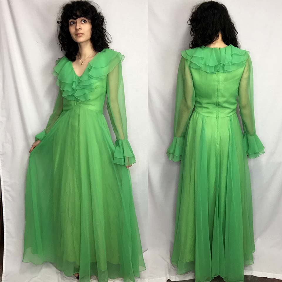 Vintage 70s | COCO California Bright Green Groovy MOD Ruffle Maxi Dress | XS Vintage 70s | COCO California Bright Green Groovy MOD Ruffle Maxi Dress | XS