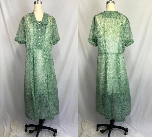 Vintage 1940s 50s | Sheer Green Wartime Pinup Rockabilly Dress | L/XL
