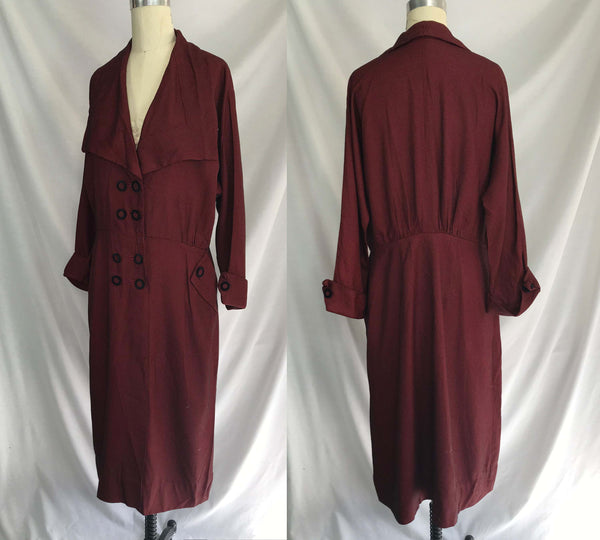 Vintage 1940s 50s | Red & Black Check Wartime Double Breasted Shirt Dress | L XL