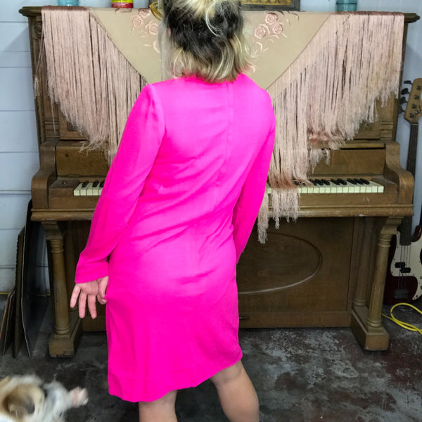 Vintage 1960s 60s | Hot Pink Mod GoGo Ruffle Neck Mini Dress | S/M