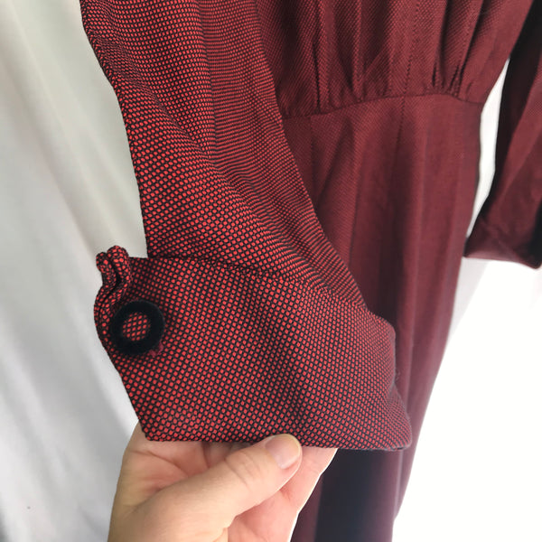 Vintage 1940s 50s | Red & Black Check Wartime Double Breasted Shirt Dress | L XL