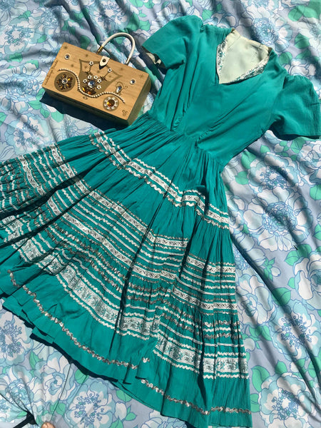 Vintage 1940s | Patio Dress Prairie Square Dancing Gold Trim Pinup Swing | S M