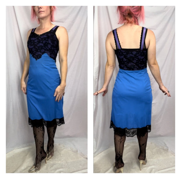 Vintage 1950s 60s | Blue with Black Lace Lingerie Pin up Slip | S