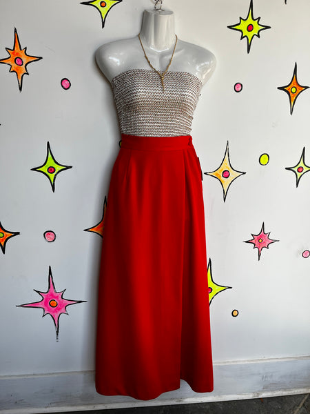 Vintage 1970s | Bright Red Groovy Disco Maxi Long Faux Wrap Skirt | XS S