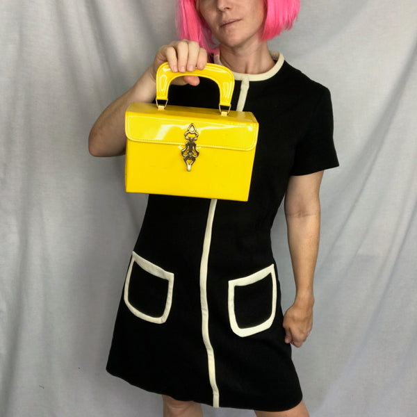 Vintage 1960s | Bright Yellow MOD GoGo Patent Leather Box Purse Bag Handbag