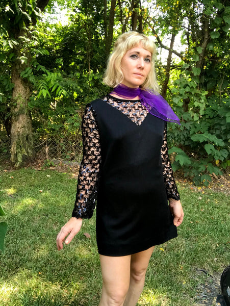 Vintage 1960s 70s | Black Sequin Groovy GoGo Disco Mod Party Mini Dress | S M
