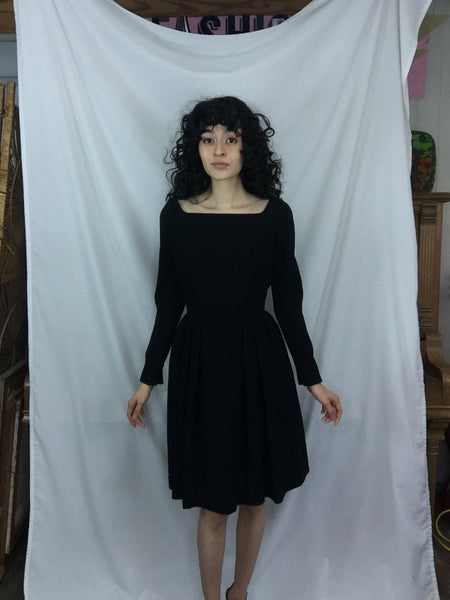 Vintage 1940s 1950s | Black Fit & Flare Dress Pinup Rockabilly Goth Dress | S