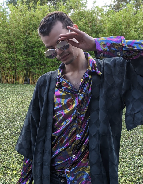 Retro | Swirl Print Groovy Metallic Party Shirt | XXL