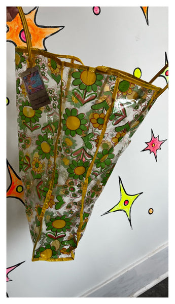 Vintage 1960's 60s | Mod Boho Hippie Clear Flower Power Vinyl Plastic Tote Bag