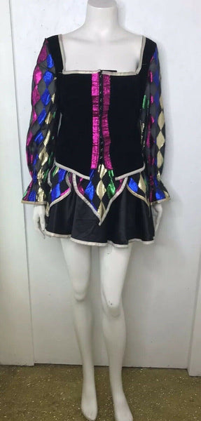 Mardi Gras Sexy Harlequin Harley Quinn Jester Clown Halloween Dress Costume | S