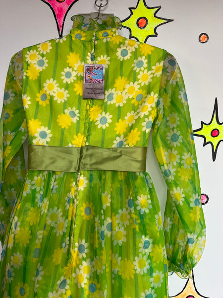 Vintage 1960s 60s | Green Groovy Boho Hippie Flower Power Mod Maxi Dress | XS