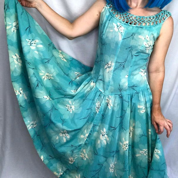 Vintage 1950s | Blue Swing Full Skirted Skirt Pin Up Cotton Party Dress | S-M