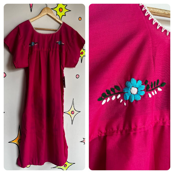 Vintage 60s 70s | Pink Boho Oaxacan Mexican Hand Embroidered Festival Dress