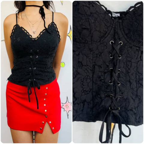 Vintage Y2K Black Lace Corset Top | Pirate Fairy Goth Grunge Tank Size S