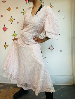 Vintage 80s Pink Pearl Beaded Lace Formal Gown Victorian Pastel Princess Dress M
