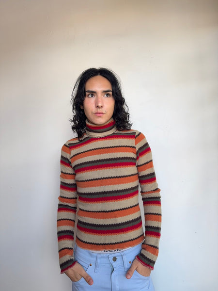 Vintage 90s Striped Fuzzy Turtleneck Sweater Cozy Grunge Y2K Knit S