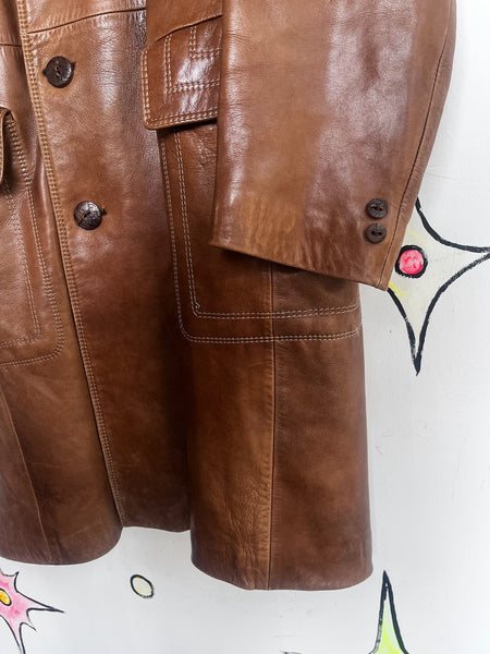 Vintage 70s Brown Leather Coat | Long Trench-Style Jacket | Worn-In Patina ML