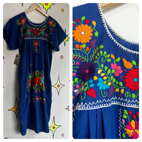 Vintage 60s 70s | Blue Boho Oaxacan Mexican Hand Embroidered Festival Dress