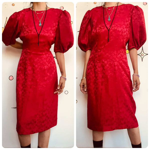 Vintage 80s Cherry Red Silk Poof Sleeve Secretary Dress – Boho Grunge Glam – 8