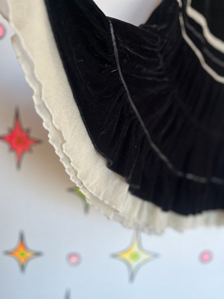 Vintage Y2K Black Velvet with Lace Tiered Midi Skirt - Fairy Grunge Whimsy Goth - Size S