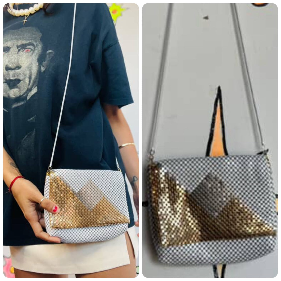 Vintage 80s White Chain Crossbody Purse | Silver & Gold Glam Retro Handbag