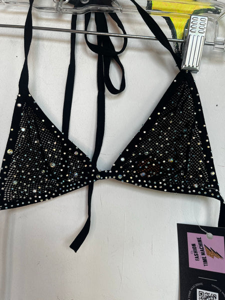 Y2K Black Mesh Rhinestone Lingerie Set Garter Skirt & Bikini Top Goth Glam PinUp