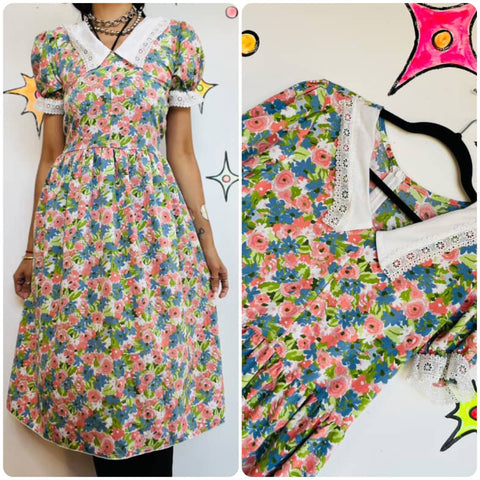 Vintage 90s Floral Lace Collar Babydoll Dress – Fairy Grunge Cottagecore – S/M
