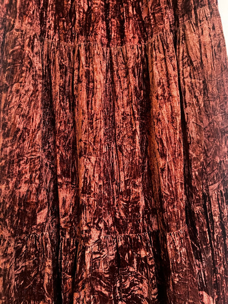 Vintage 90s Y2K Brown Crushed Velvet Boho Tier Maxi Skirt Fairy Grunge One Size